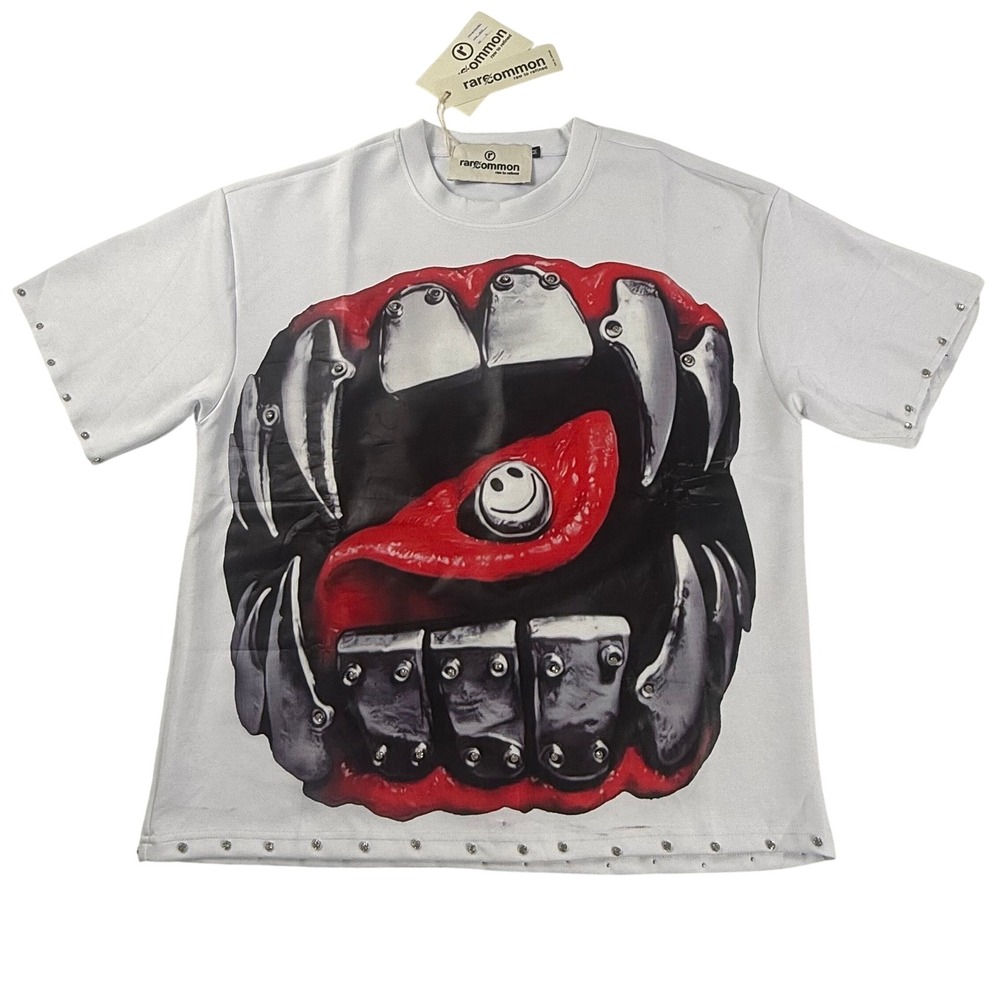 Rarecommon White Graphic T-Shirt Smile Youre Almost Famous Rhinestone Studded M